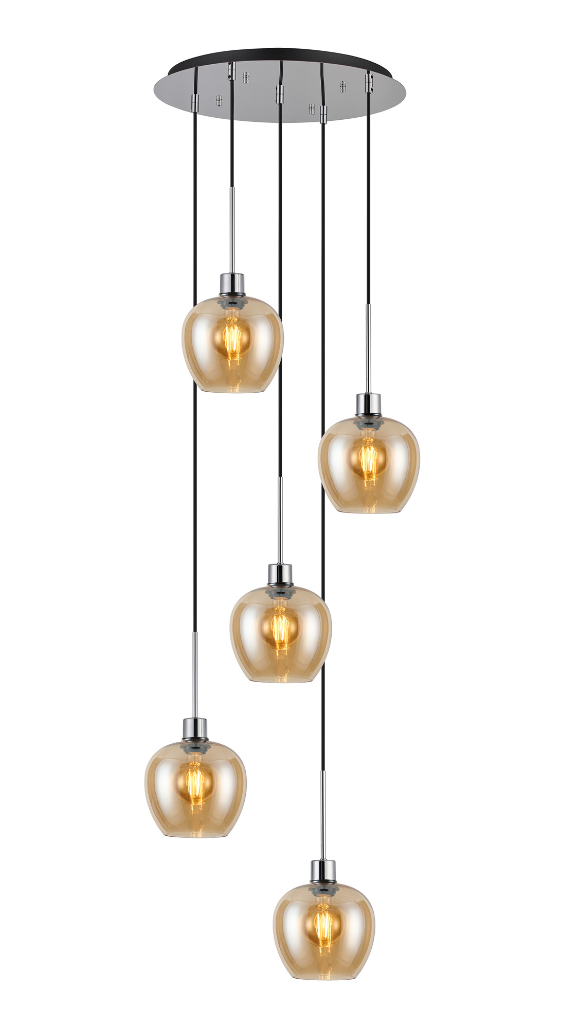 DK1290  Lori 45cm Round Pendant, 5 Light Adjustable E27, Polished Chrome/Amber Wine Shades